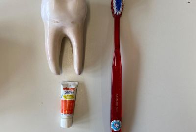 Eine Zahnbürste, Zahnpasta und ein Zahn liegen auf dem Tisch.
