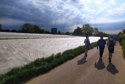 Schüler laufen auf einem Feldweg. Links davon ein abgedecktes Feld