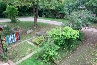 Der Schulgarten vor der Verschönerungsaktion mit wuchernden Büschen, viel Unkraut, einem halben Zaun und kaputten Insektenhotel.
