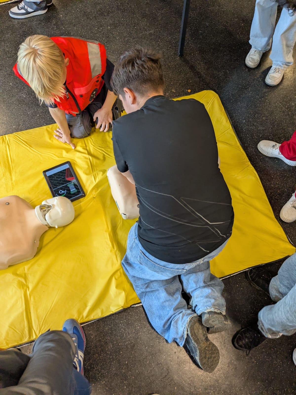 Zwei Schüler bei der Herzdruckmassge an einem Dummie
